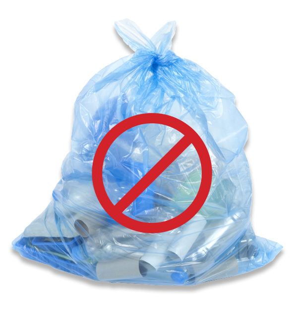 Blue recycling bag with prohibited symbol over top