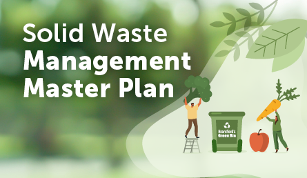Two people place a carrot, broccoli and apple into Brantford's Green Bin with the words Solid Waste Management Master Plan