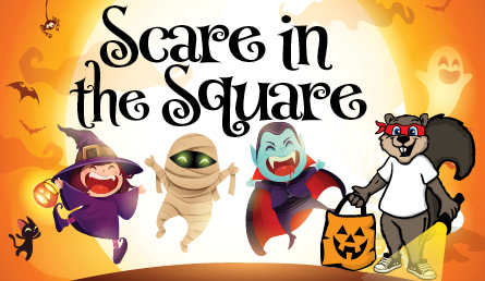 Cartoon trick-or-treater witch, mummy and dracula