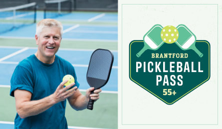 Older adult playing pickleball with courts behind him to promote 55+ Brantford Pickleball Passes.
