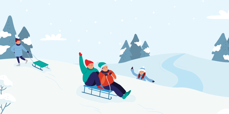 animated people sledding down a snow hill with pretty spruce trees around them.