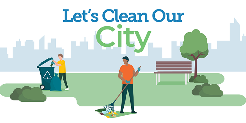 Cartoon image of people collecting litter with a cityscape background and the words