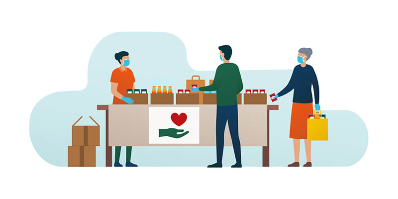 Cartoon image of people attending a food bank