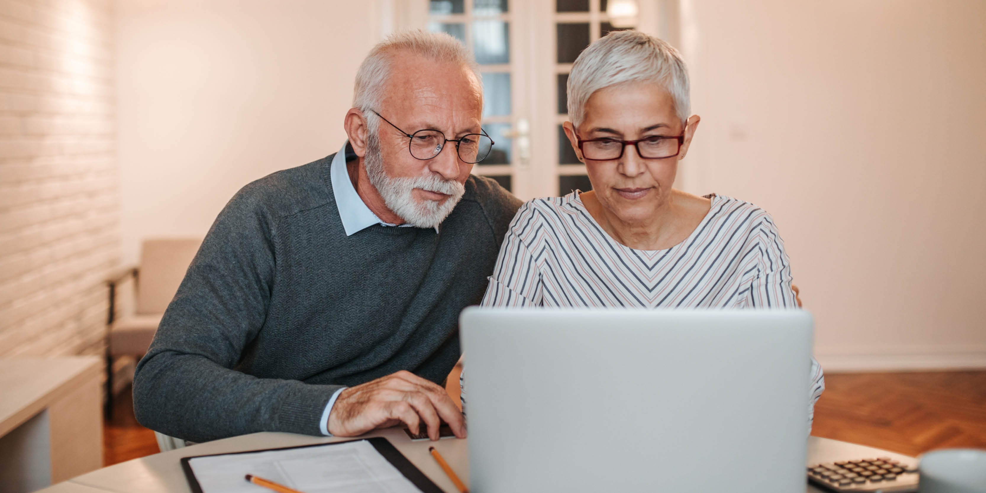 Senior couple sitting at a computer