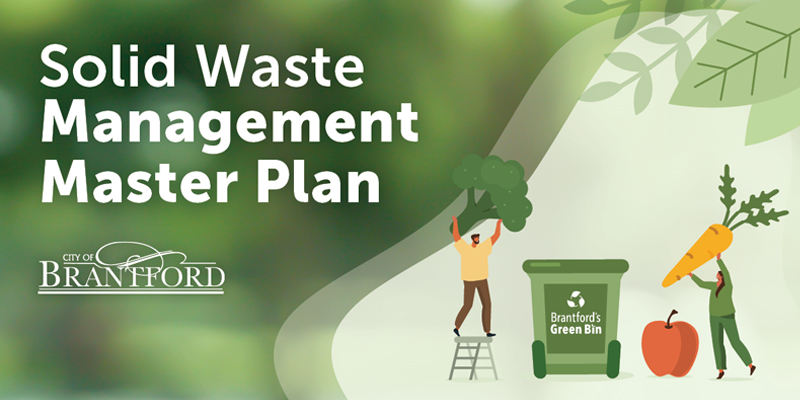 Image of three people placing carrots, broccoli and an apple into Brantford's green bin with the words Solid Waste Management Master Place