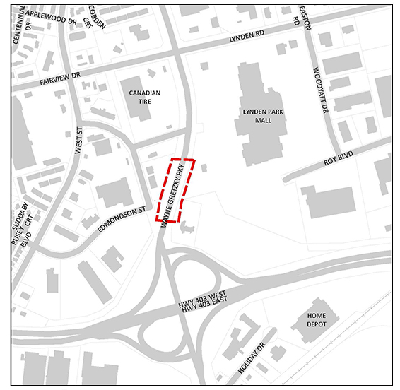 Map of the area of construction on Wayne Gretzky Parkway at the Lynden Park Mall