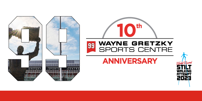 Wayne Gretzky Sports Centre 10th Anniversary logo and Stilt Walking Attempt 2023 logo