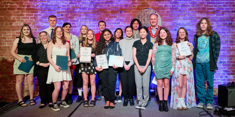 Recipients of the Youth Excellence and Future Leaders Awards pose for a photo with Brantford Mayor Kevin Davis and Councillor Mandy Samwell