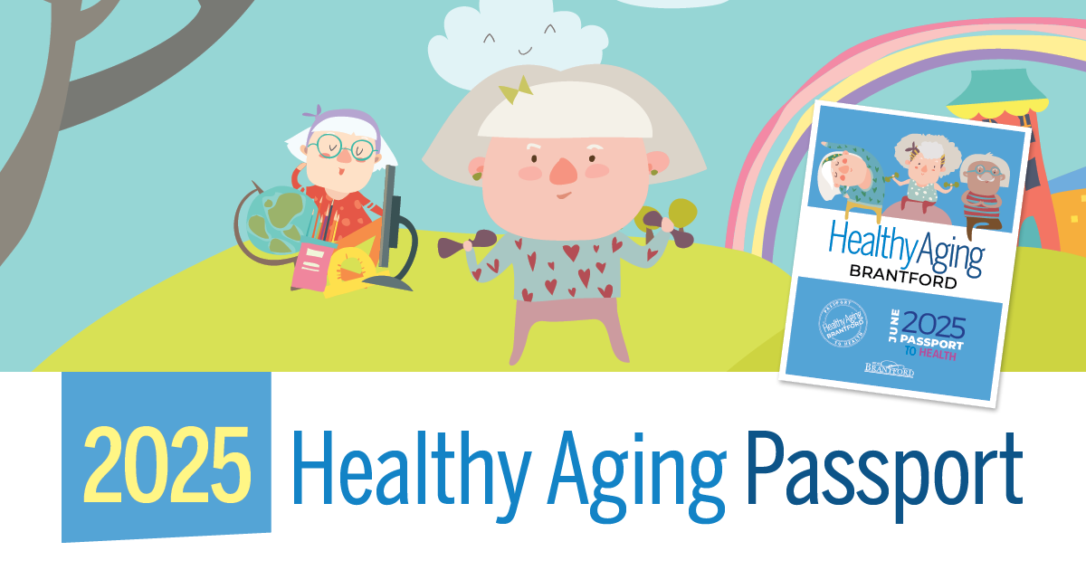 2025 Healthy Aging Passport words written with senior cartoons excerising