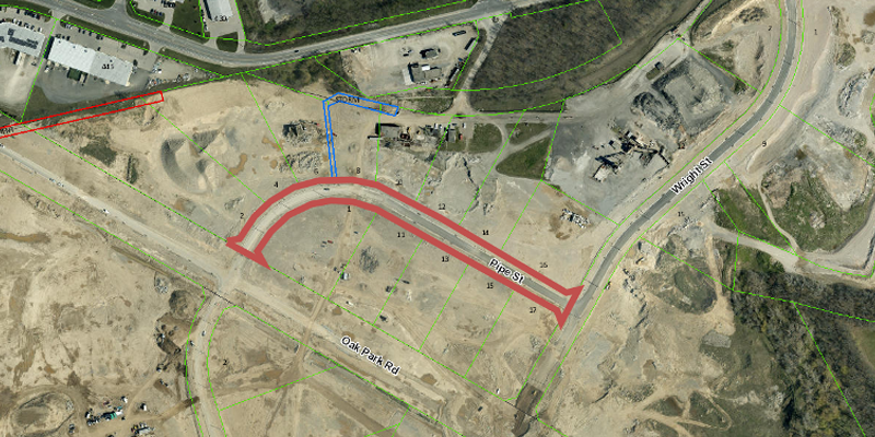 An aerial map view of Pipe Street