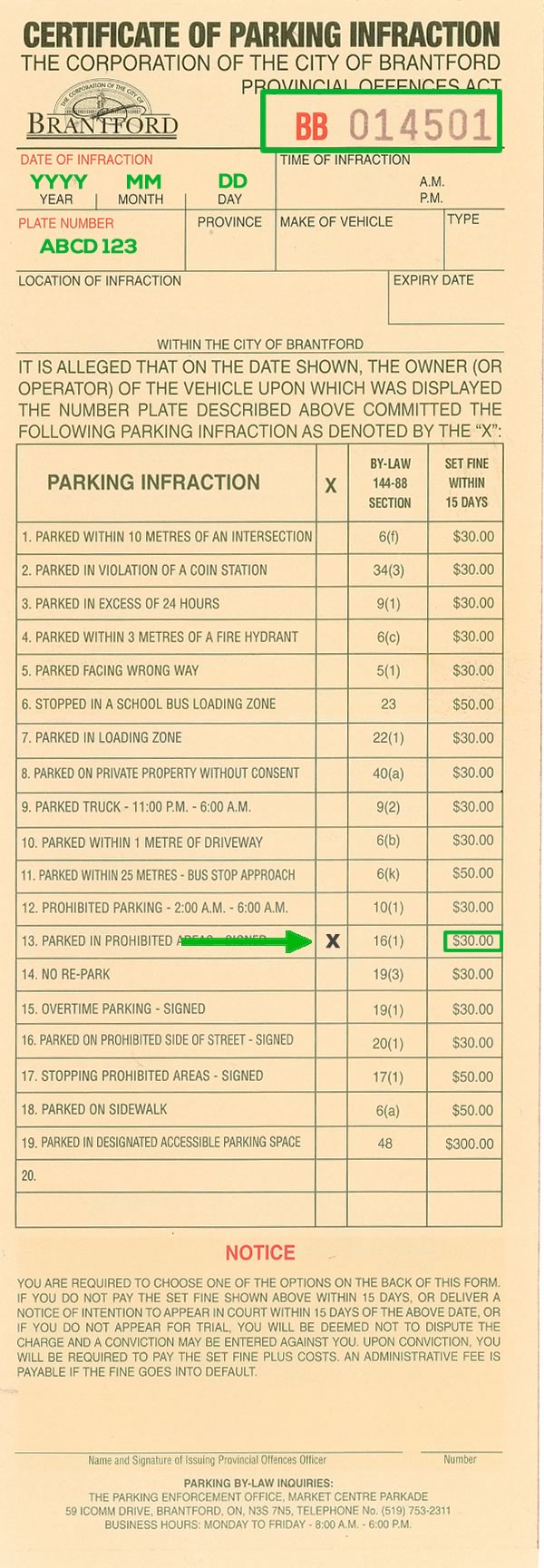Example of a Parking Ticket from the City of Brantford