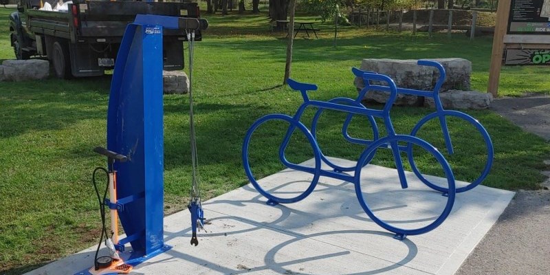 Bike rack and repair stand in Brantford park