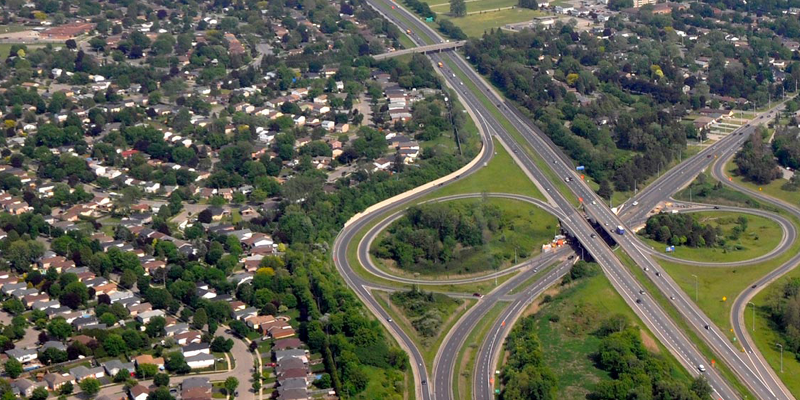 Aerial view of Brantford and roads