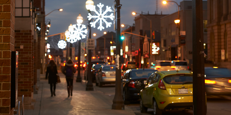 Downtown Brantford with holiday lights