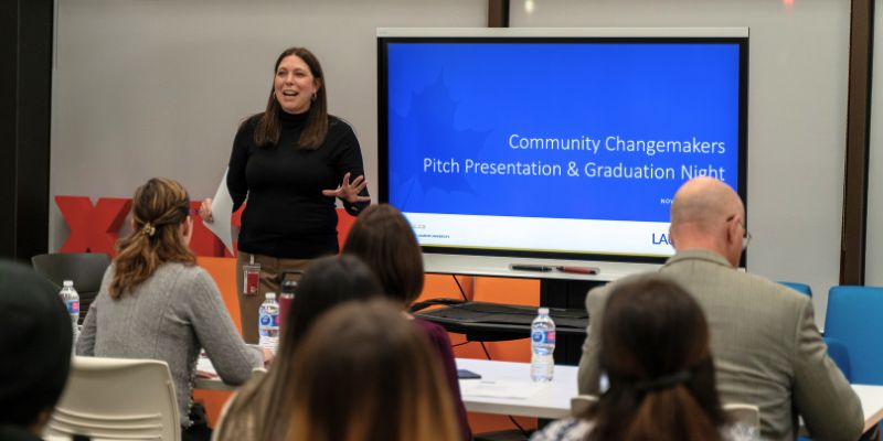 Julie Perkins, Coordinator for the Laurier Launchpad, presents to Community Changemakers group