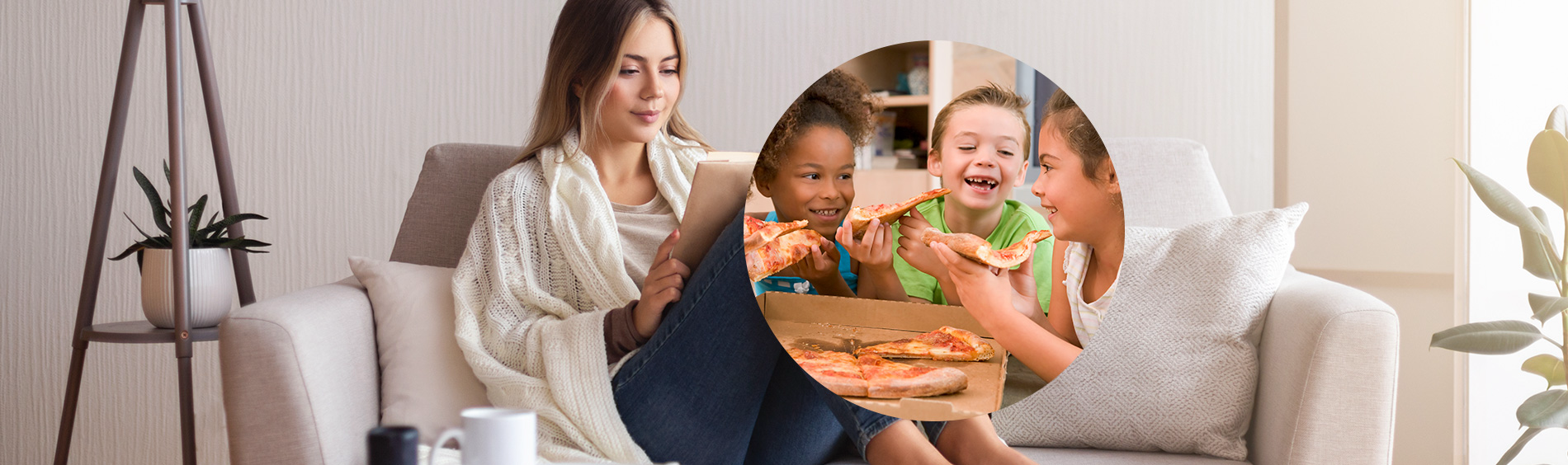 Adult reading and kids eating pizza