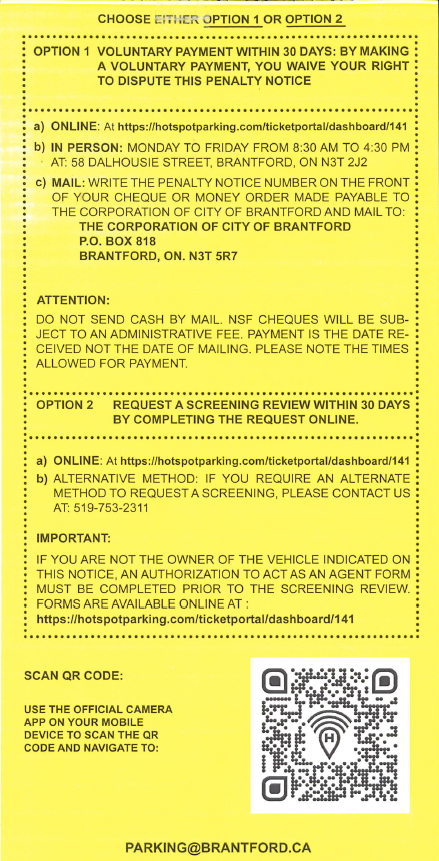 Example of a Parking Ticket from the City of Brantford