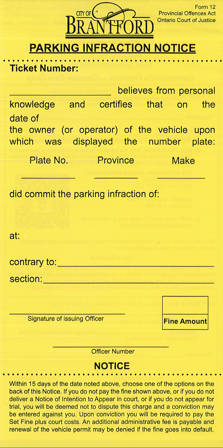 Example of a Parking Ticket from the City of Brantford