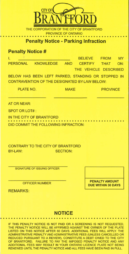 Example of a Parking Ticket from the City of Brantford