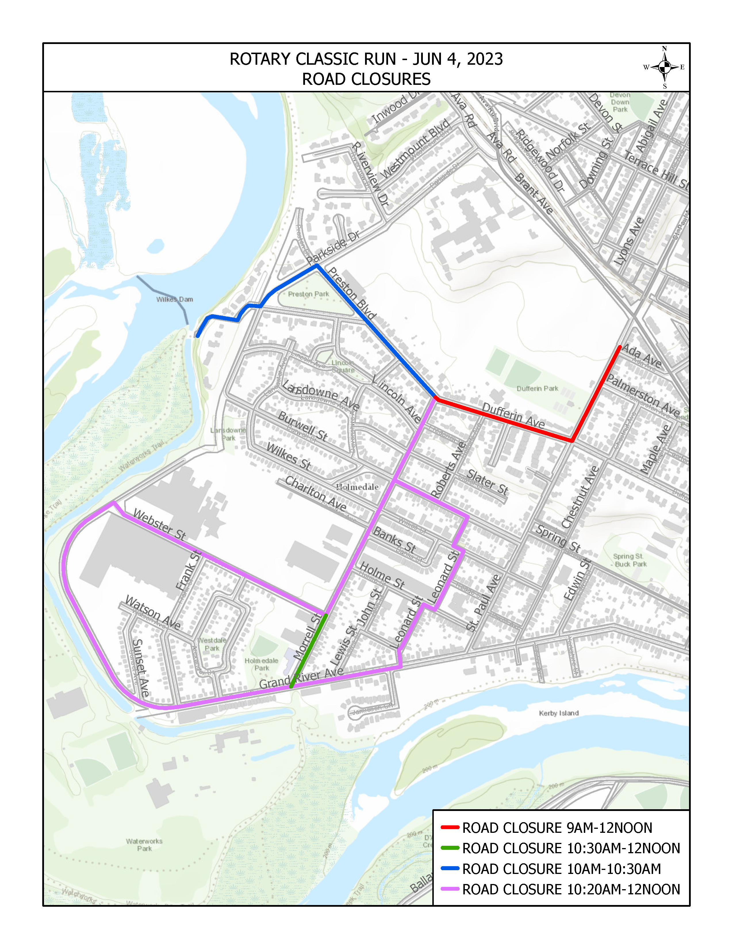 Rotary Brantford Classic Run 2023 temporary street closures map