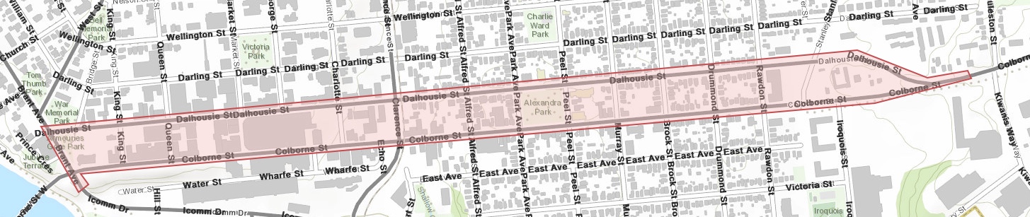 Full Study Area: Colborne St. and Dalhousie St. from Brant Ave to Kiwanis Way