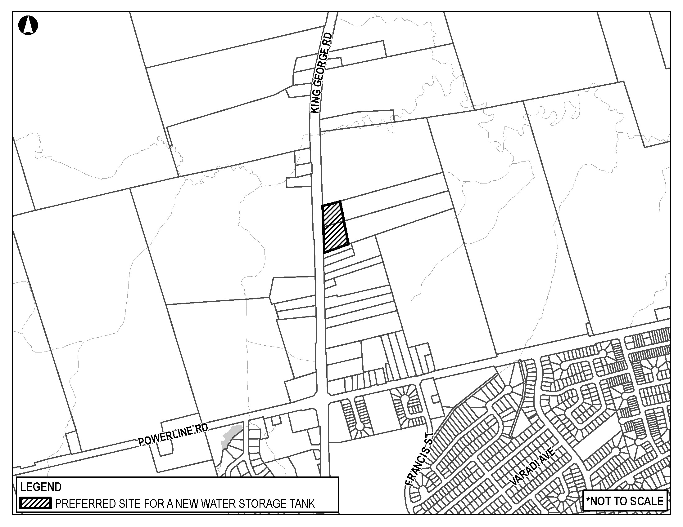 Map showing the preferred site for a new water storage tank on King George Road.