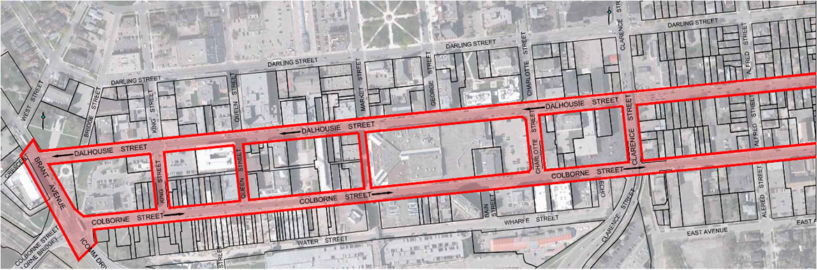 Close up of Study Area, Part 1: Colborne St. and Dalhousie St. from Brant Ave. to Alfred St.