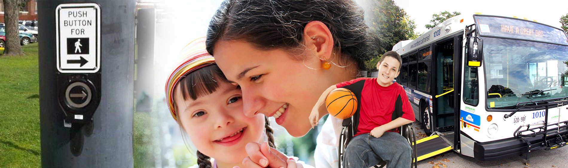 Accessible button, support worker, boy in wheelchair and bus