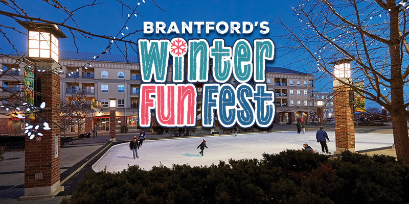 Brantford's Winter Fun Fest with image of skaters at night