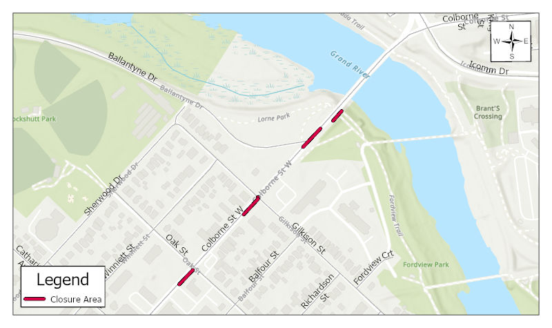 Map of lane closures on Colborne Street West and Gilkison Street
