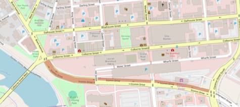 Icomm Drive lane closures with full closure between Colborne Street East and Hill Street, and lane closures between Hill Street and Clarence Street South maintaining one lane in each direction.