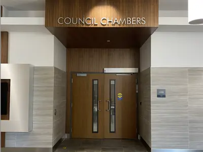 Entrance doors to Council Chambers inside Brantford City Hall.