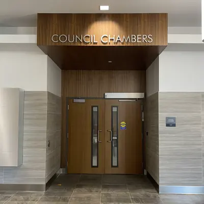 Entrance doors to Council Chambers inside Brantford City Hall.