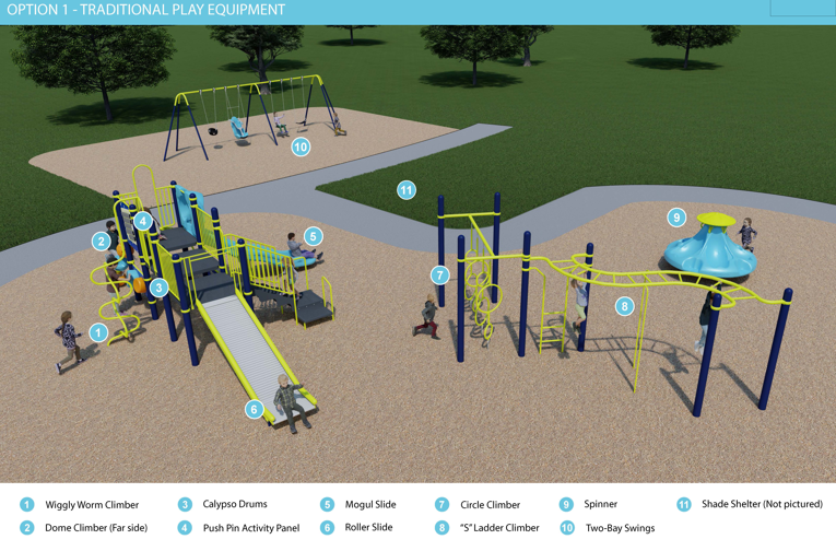 Concept drawing overview of new traditional style play equipment planned for Lions Park in Brantford featuring swings, climbing equipment and slide etc.