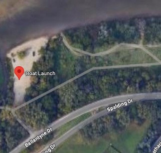 The red pin in the photo below indicates the river access point closed at Ballantyne Drive.