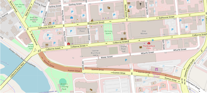 Icomm Drive lane closures with full closure between Colborne Street East and Hill Street, and lane closures between Hill Street and Clarence Street South maintaining one lane in each direction.