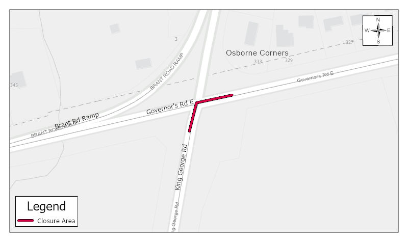 Closure at Highway 24 (King George Road) and Governors Road East