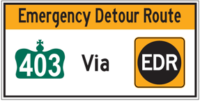 Yellow-and-black Emergency Detour Route (EDR) information sign posted at the start of a detour on Highway 403