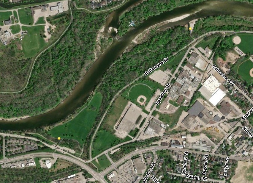 The yellow pins in the photo below indicate access points that are closed to D'Aubigny Trail between D'Aubigny Creek Park and Ballantyne Drive river access point.