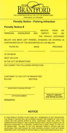 Example of a Parking Ticket from the City of Brantford