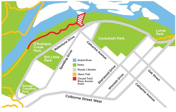A map indicating that Ballantyne Drive River Access Point and boat launch, and D’Aubigny trail access, both located north of Spalding Drive, will be closed beginning in July while construction and site enhancements are completed. The access point, boat launch, and trail are expected to reopen at the end of summer, pending construction progress.