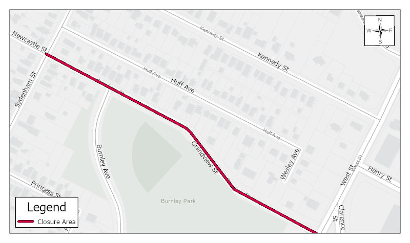 Map of the full road closure on Grandview Street