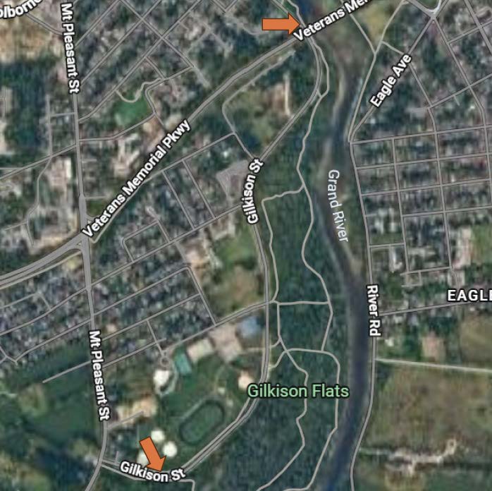 The orange arrows in the photo below indicate access points that are closed to the Gilkison Flats Trail between Gilkison Street and Veterans Memorial Parkway bridge.