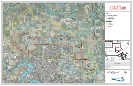 aerial map view of the study area boundaries for this subwatershed study